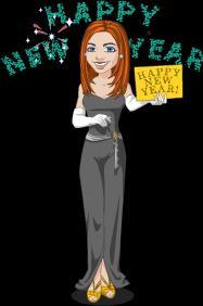Kim's Yahoo Avatar for this entry, a grey dress w/white gloves, and New Year sign and background